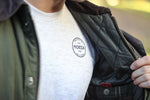 vintage t shirt-cotton-white-oatmeal-green jacket-logo-Moeda Supply Company