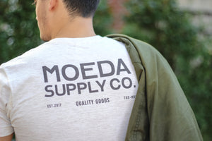 vintage t shirt-cotton-white-oatmeal-green jacket-logo-Moeda Supply Company